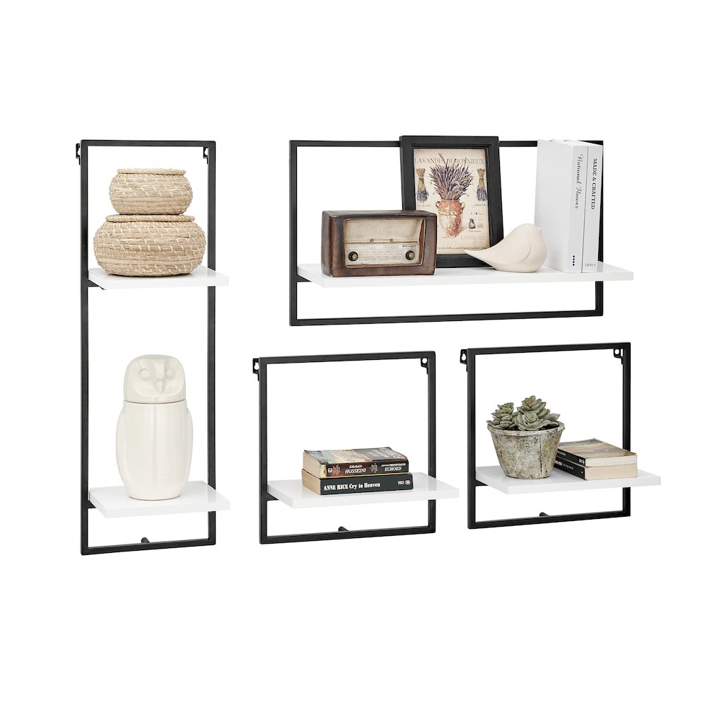 Framed Wall Art 4-Piece Modern Shelf Set - Black Metal Frame White MDF Shelves. Picture 8