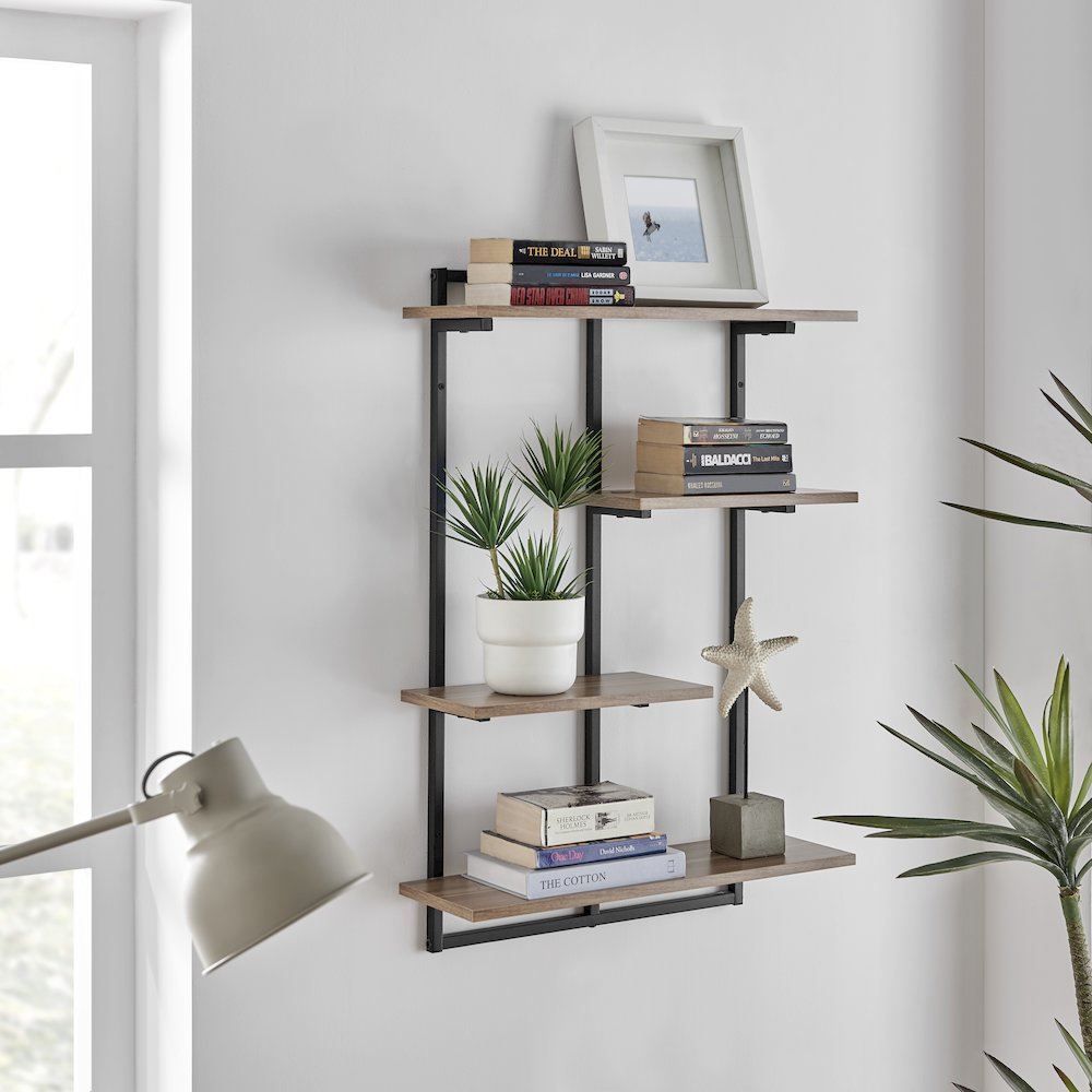 Rhodes 4 Tier Windowsill Wall Shelf Black Metal Frame Light Walnut MDF Shelves. Picture 3