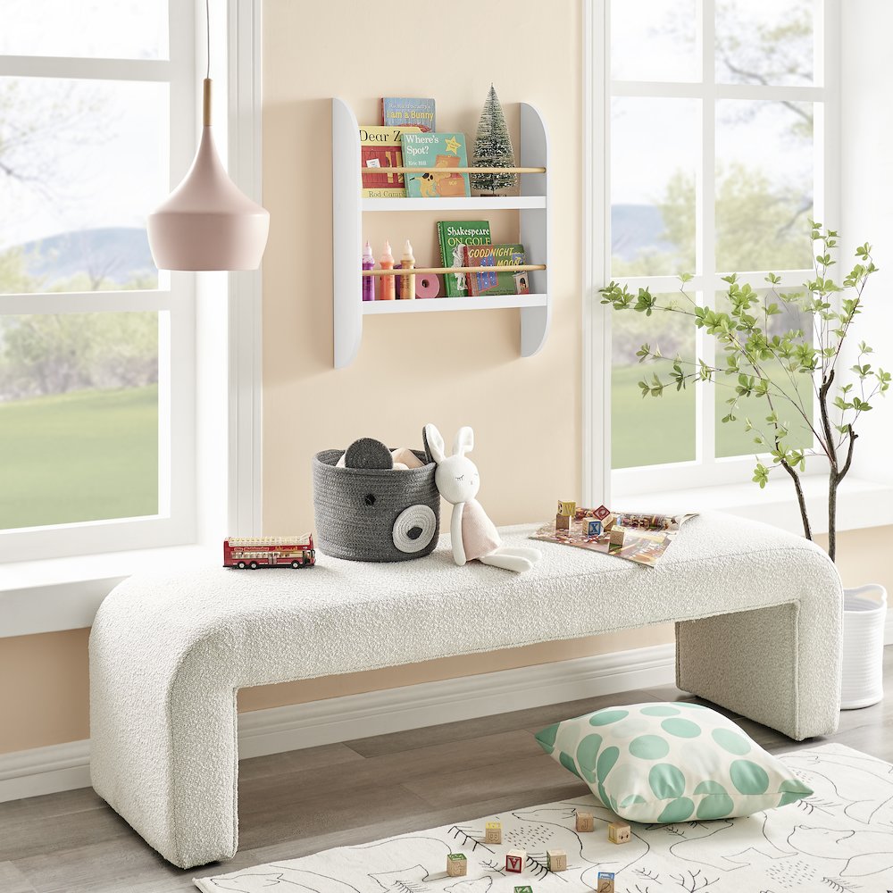 Steiner White Rounded 2-Tier Kids Book Magazine Wall Bookcase - Wood-toned Rods. Picture 9