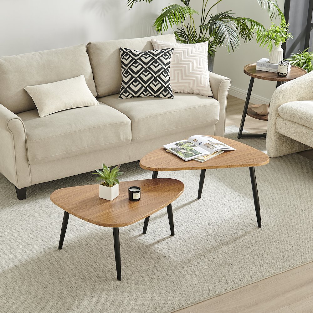 Aurora Oval Teardrop 2 Piece Semi-Nested Coffee Table Set - Natural Brown/Black. Picture 7