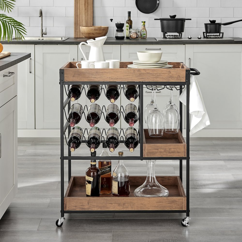Rustic Walnut Metal Rolling Farmhouse Wine Bar Cart with Bottle and Glass Rack. Picture 2