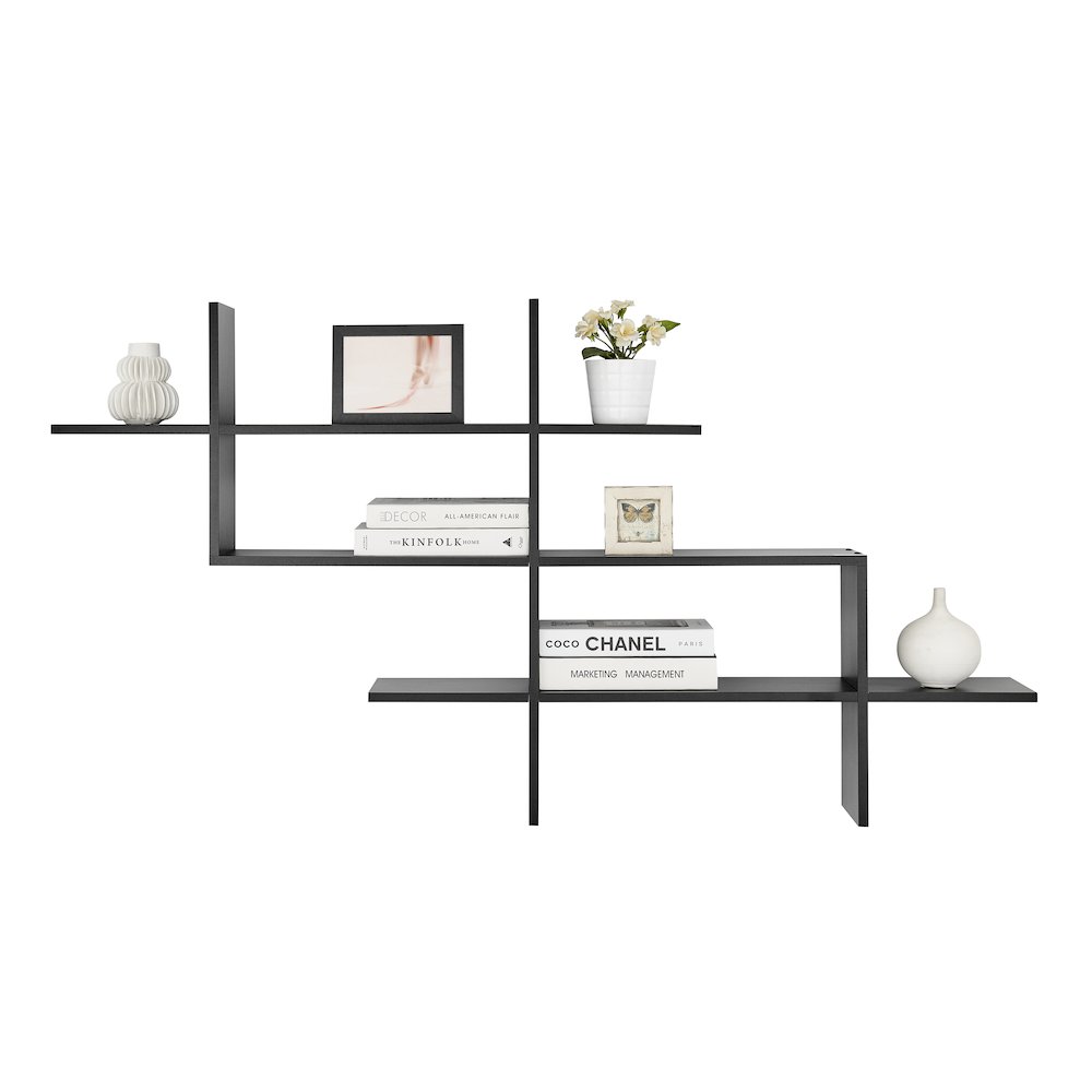 3-Tier Ladder Cantilever Asymmetrical Cubby Accent Wall Shelf – Black. Picture 7