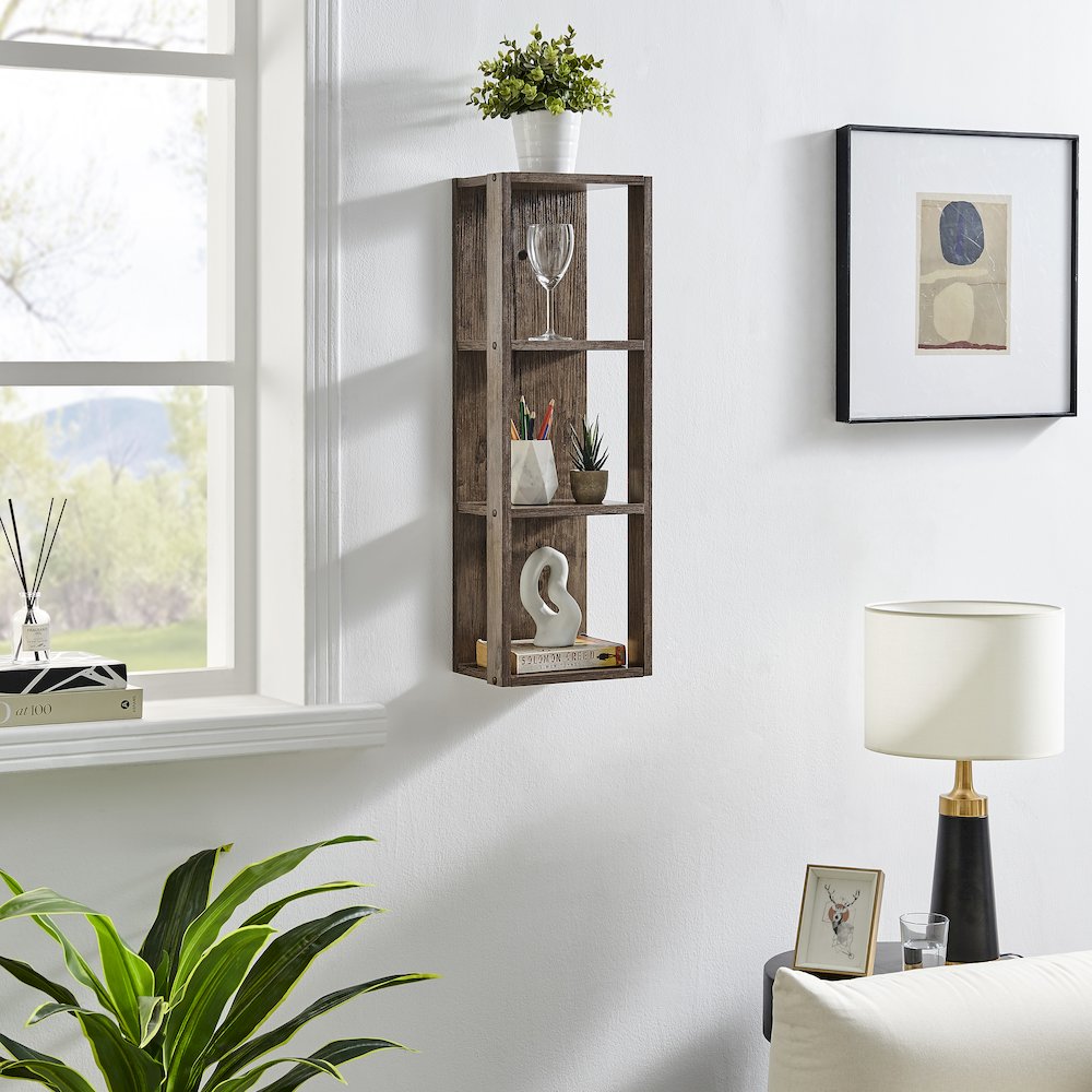 Recife Vertical Three-Tier Modern Shadow Box Cube Display Wall Shelf - Hickory. Picture 7