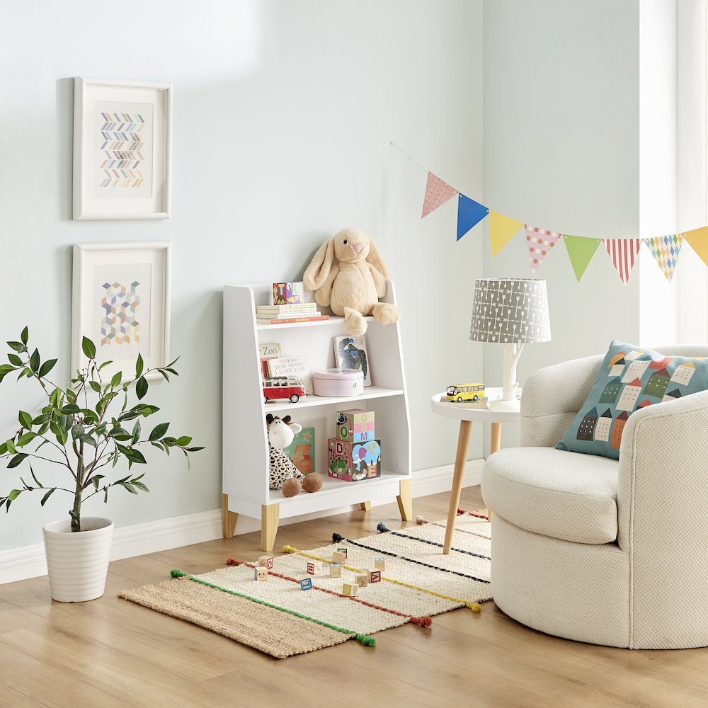 Steiner White 3-Tier Kids Freestanding Bookshelf - Contrasting Wood-Toned Legs. Picture 8