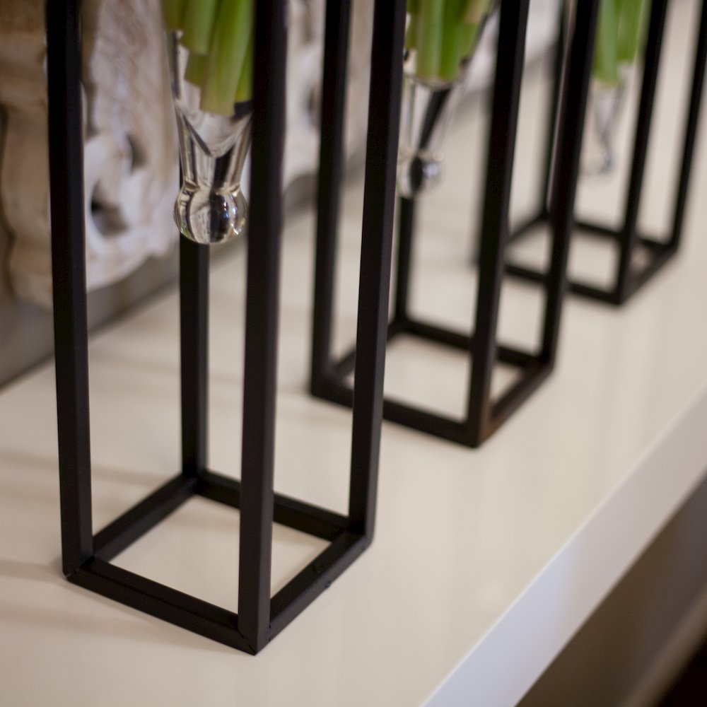 Set of 3 Clear Amphorae Vases on Square Tubing Metal Stands. Picture 5