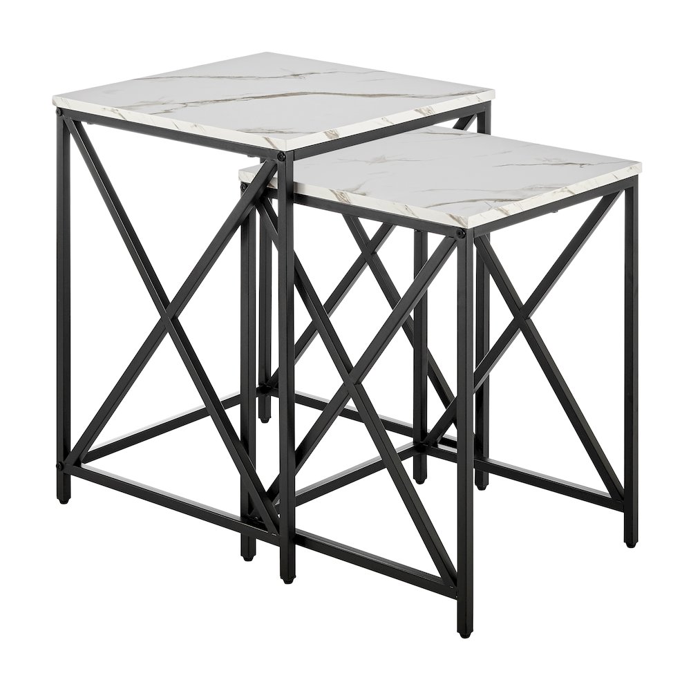 Modern Square Veneer Black Metal Frame Nesting End Tables White Marble Set of 2. Picture 1