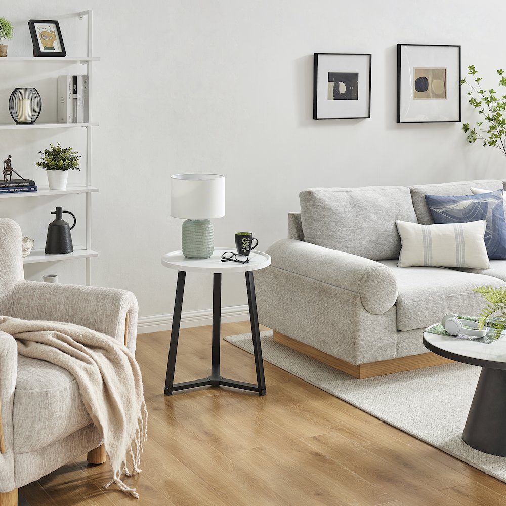Harper Midcentury Round Raised Lip Edge Side Accent Table - White Marble/Black. Picture 8
