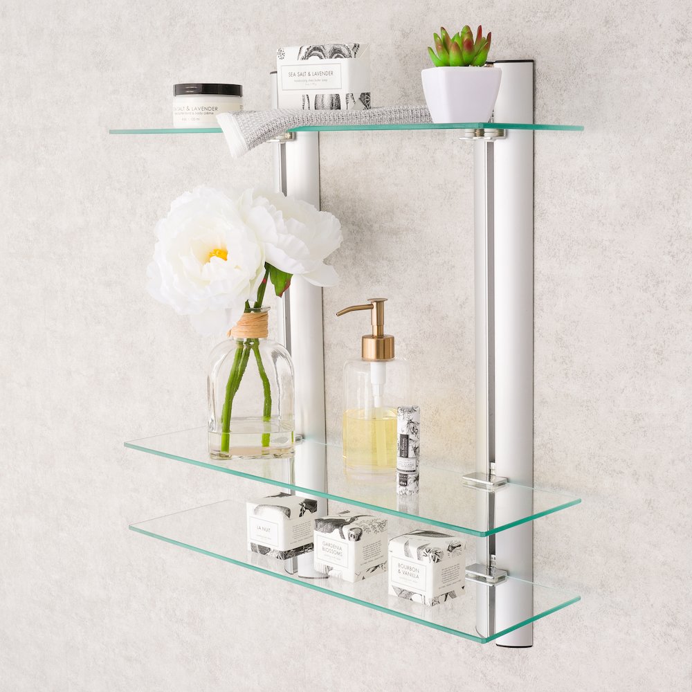Bathroom Wall-Mount 3-Tier Adjustable Glass Wall Shelves on Aluminum Bars. Picture 3