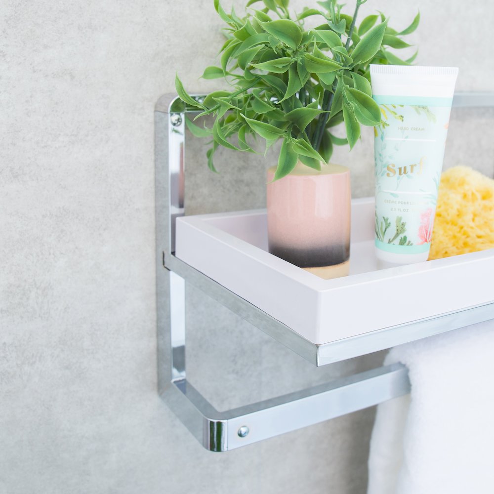 Bathroom Wall Mounted Chrome Towel Rack and Shelf with Removable White Tray. Picture 4
