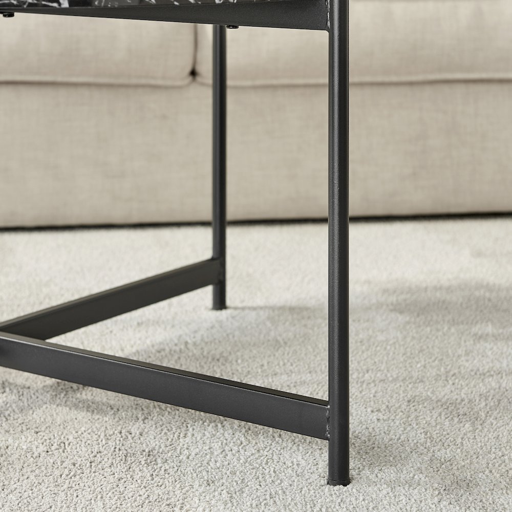 Round Marble Finish Veneer Top Black Metal Large Coffee Table - Black Marble. Picture 10