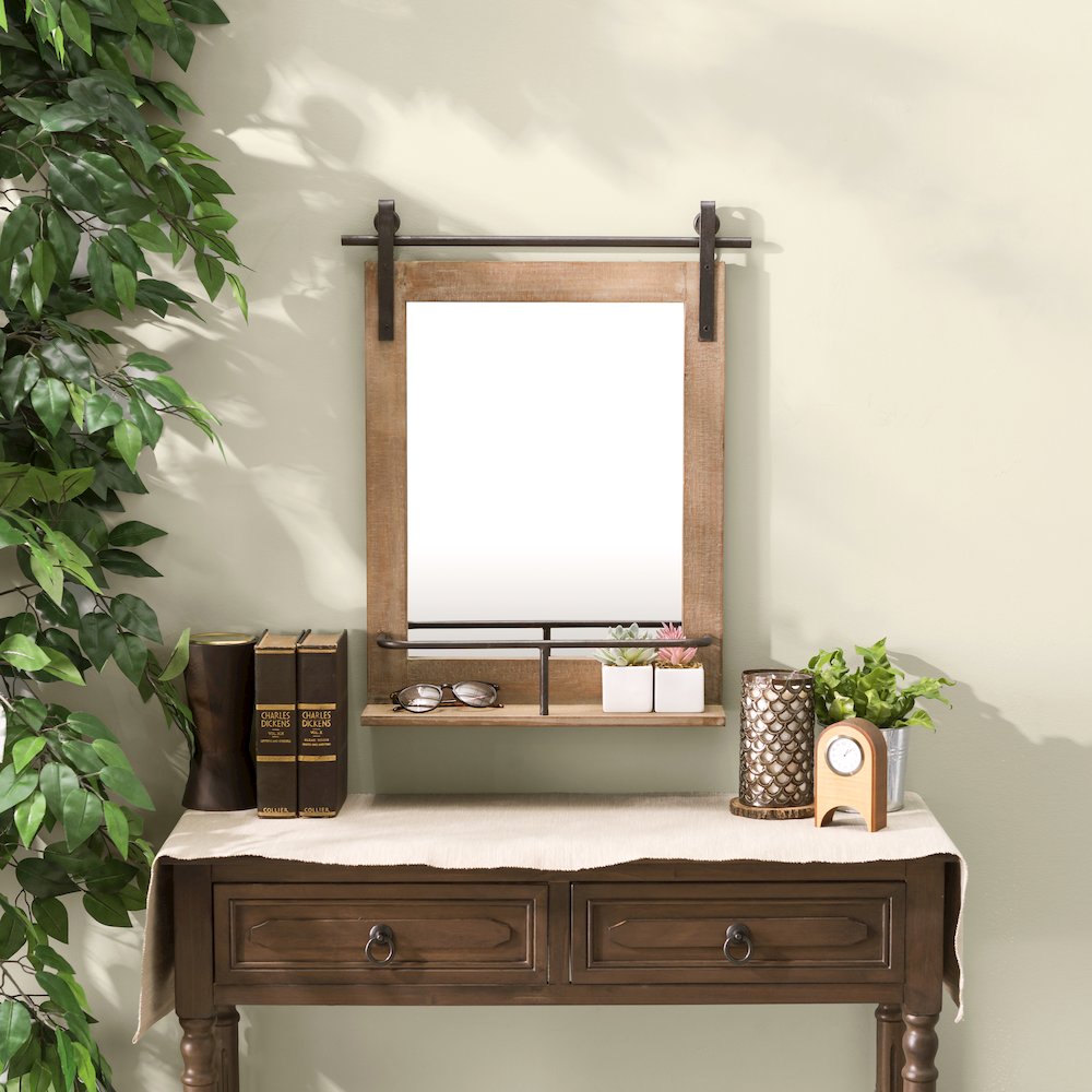 Rustic Wood-Framed Wall Mount Barn Door Vanity Mirror with Shelf. Picture 3