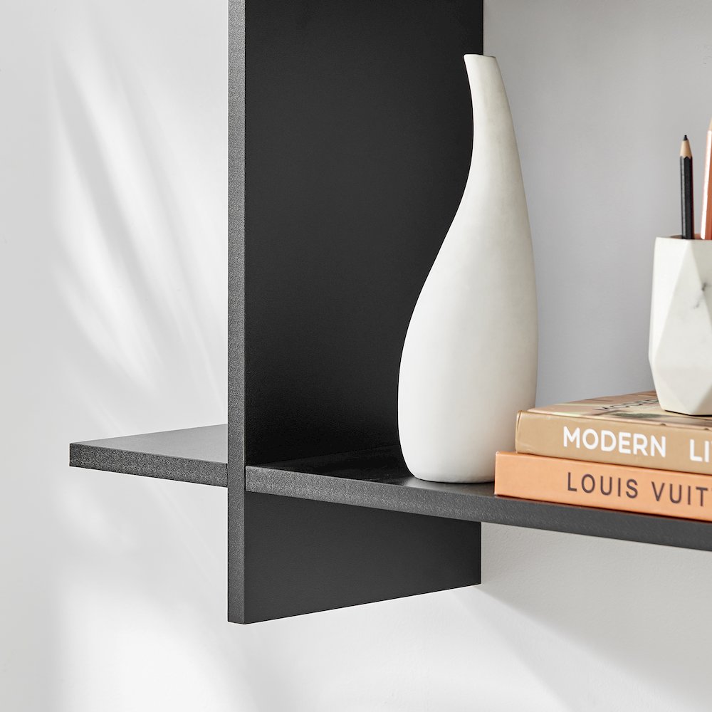 Manasa Floating Geometric Kilter Two-Tier Wall Shelf - Black. Picture 5