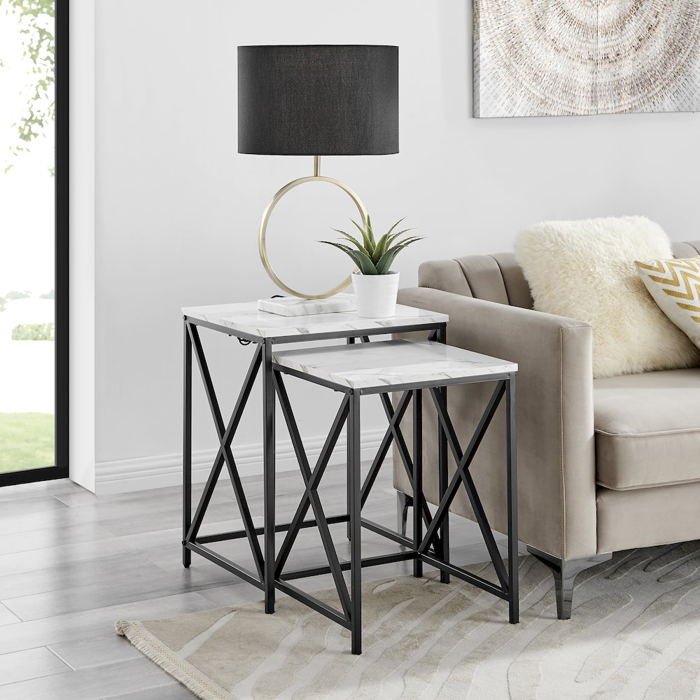 Modern Square Veneer Black Metal Frame Nesting End Tables White Marble Set of 2. Picture 2