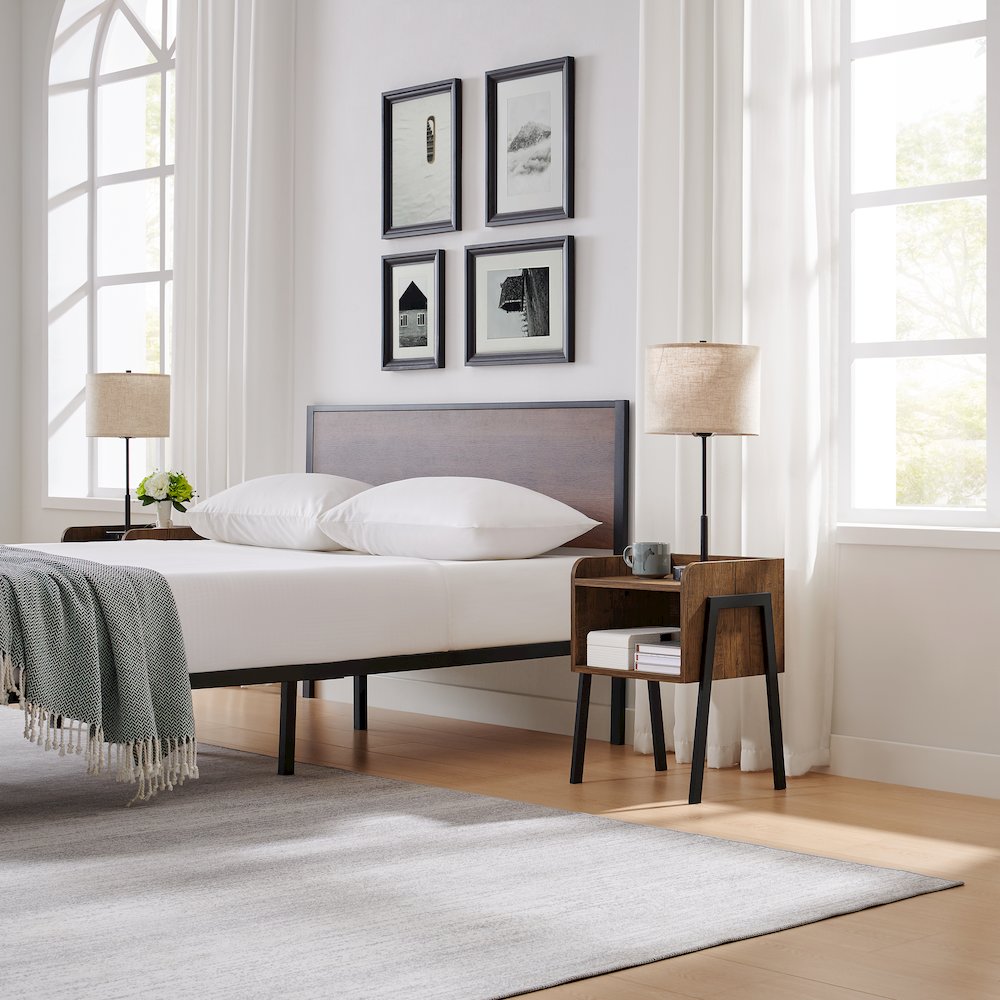 Kazuyo Mid-Century Modern Black Metal Two-Tier End Side Table - Walnut. Picture 9