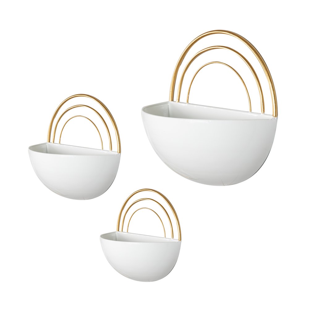 Crescent 3-Piece Metal Wall Planter Set - White with Gold Detail. Picture 9