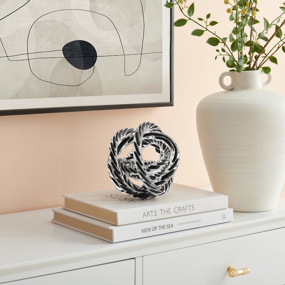 Nox Modern Glass Knot Loop Abstract Tabletop Sculpture - Textured Black Rope. Picture 2