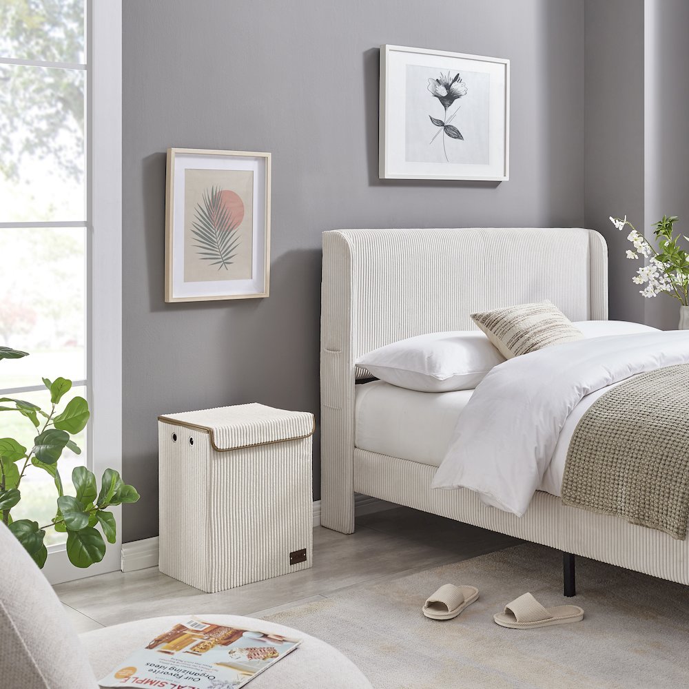 Collapsible Folding Corduroy Laundry Hamper Storage - Cream White. Picture 4