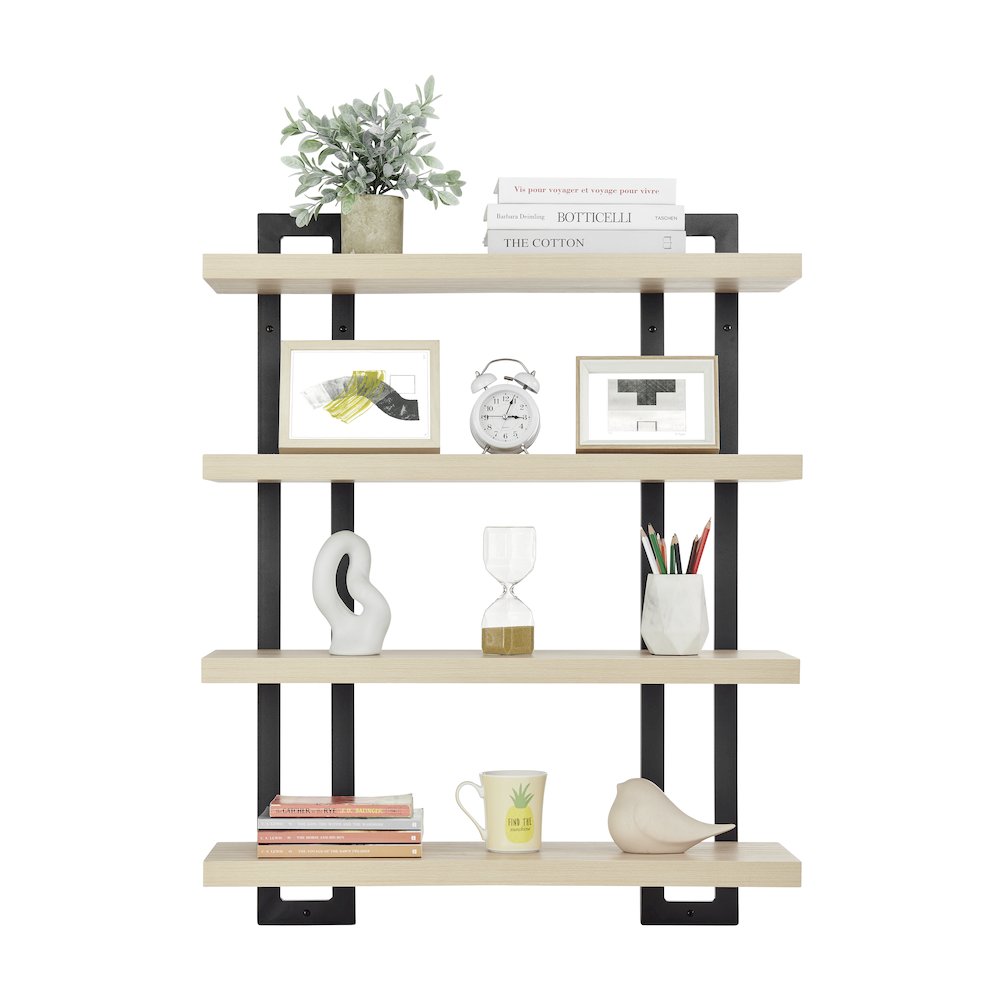 4-Tier Floating Bracket Wall Shelf - Black Metal and White Birch Finish. Picture 13