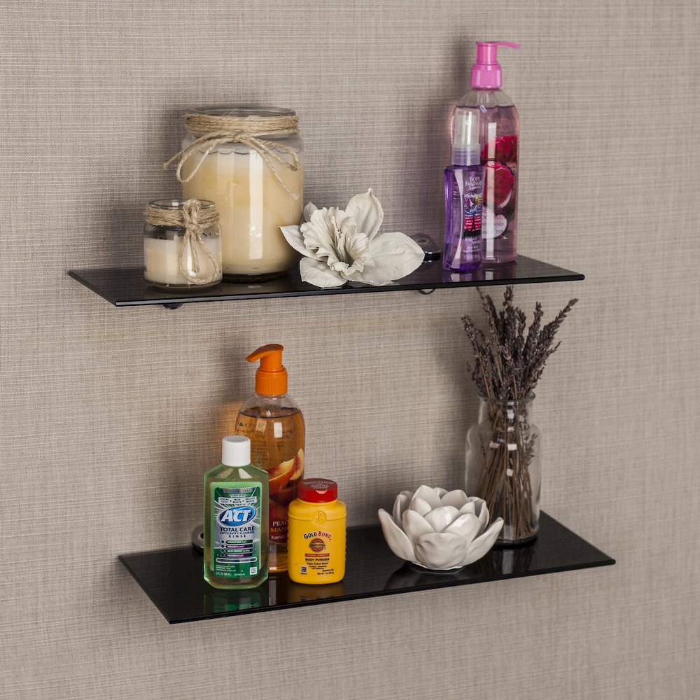 Set of 2 Black Smoke Glass Floating Shelves with Chrome Brackets 16 x 6". Picture 2