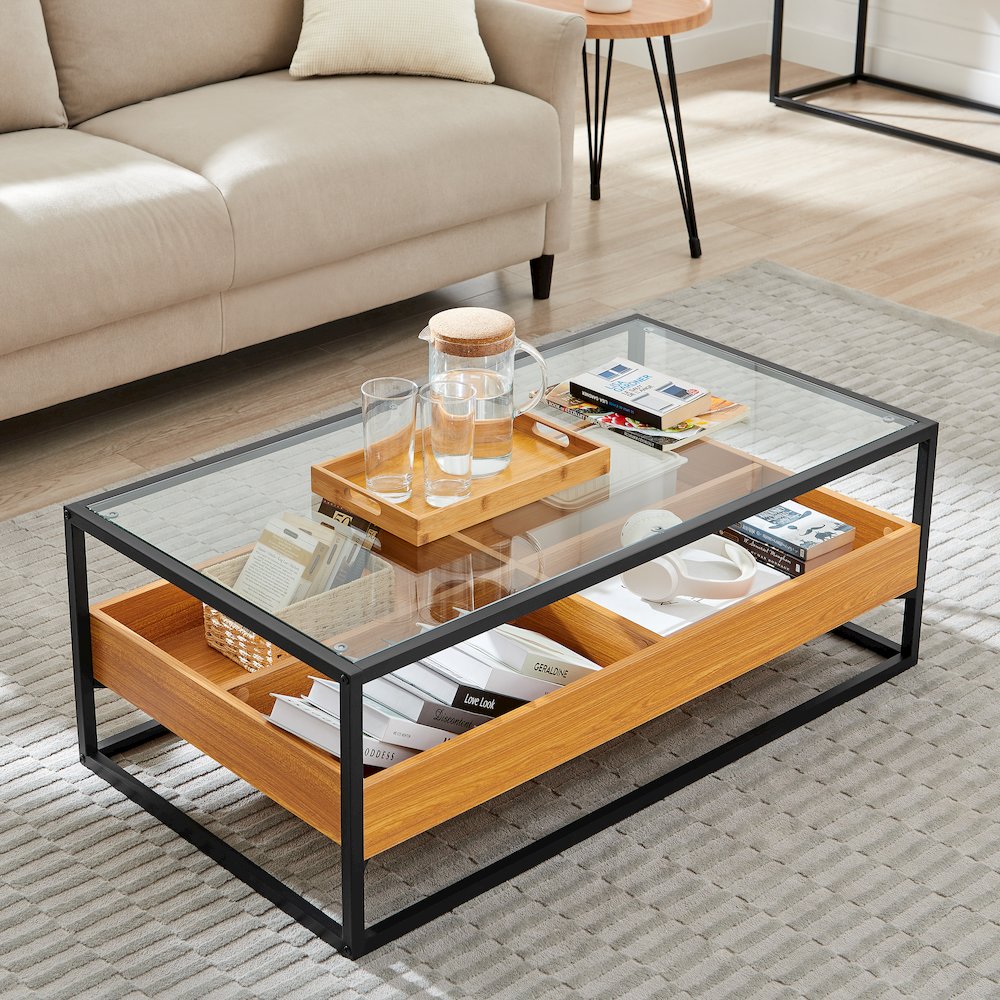 Saarinen 2-Level Glass Display Shelf Rectangle Low Coffee Table - Golden Oak. Picture 5