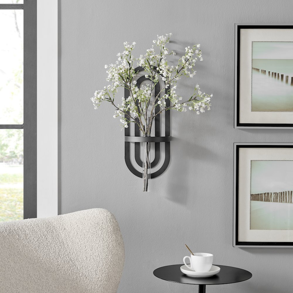 Jacob Modern Black Metal Double Oval Frame Clear Glass Wall Mounted Vase. Picture 3