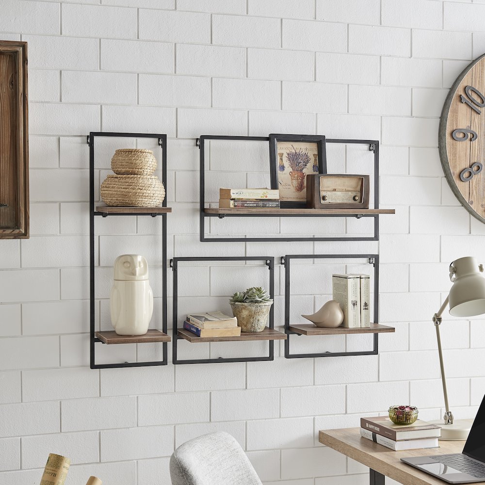 Framed Wall Art 4-Piece Modern Shelf Set - Black Metal and Rustic MDF Shelves. Picture 4
