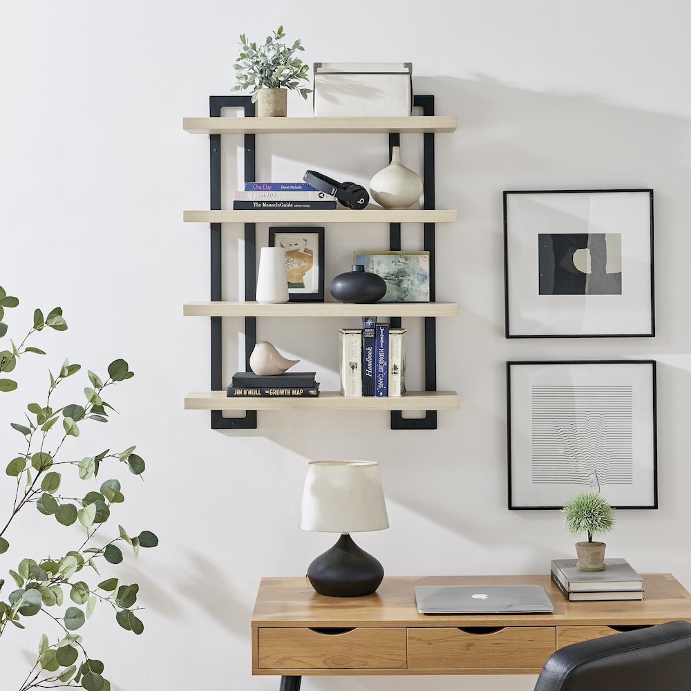4-Tier Floating Bracket Wall Shelf - Black Metal and White Birch Finish. Picture 2