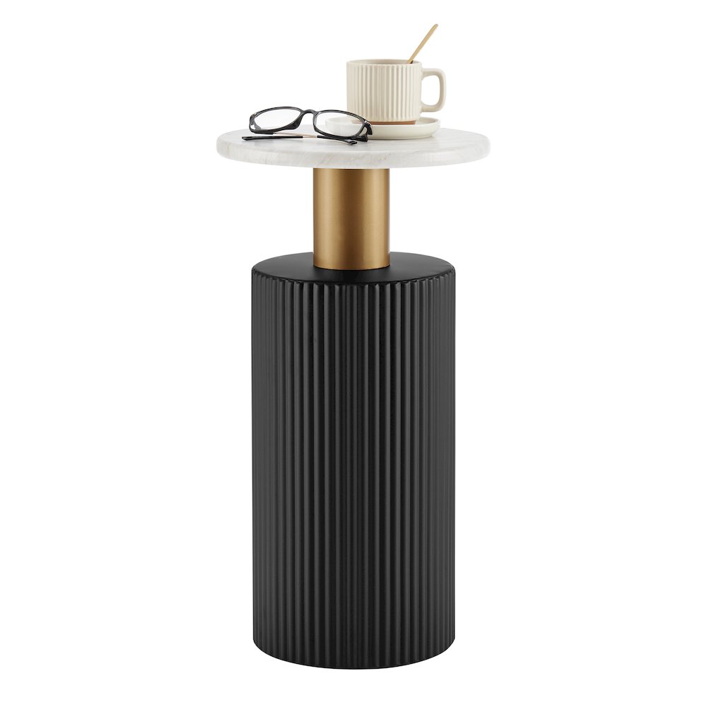 Fritz Column Side Accent Table Black Base Gold Metal Column Faux Marble Laminate. Picture 10