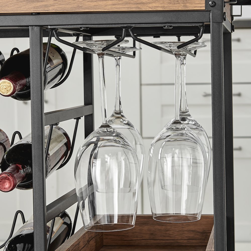 Rustic Walnut Metal Rolling Farmhouse Wine Bar Cart with Bottle and Glass Rack. Picture 7
