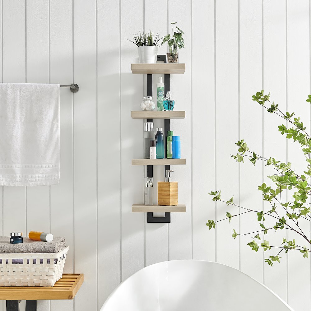 4-Tier Ladder Bracket Floating Wall Shelves - Black Metal and White Birch Finish. Picture 4