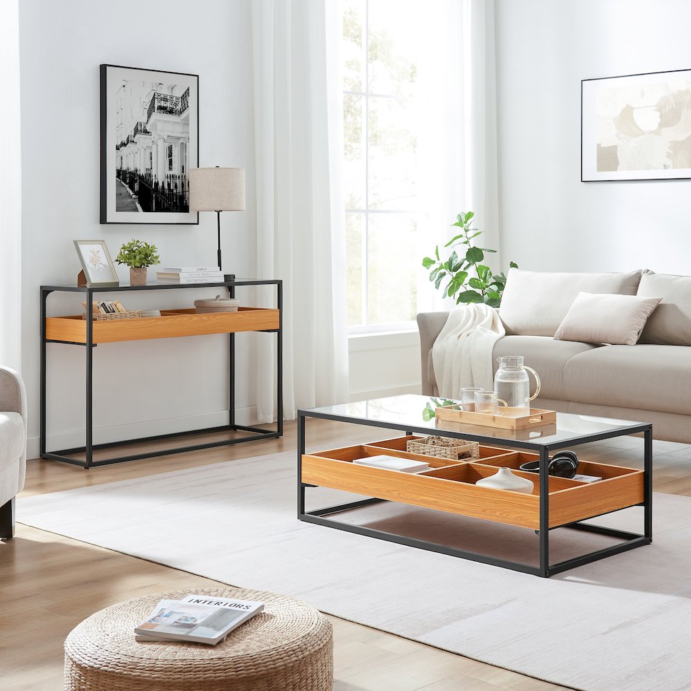 Saarinen 2-Level Sunken Glass Display Shelf Rectangle Console Table - Golden Oak. Picture 9