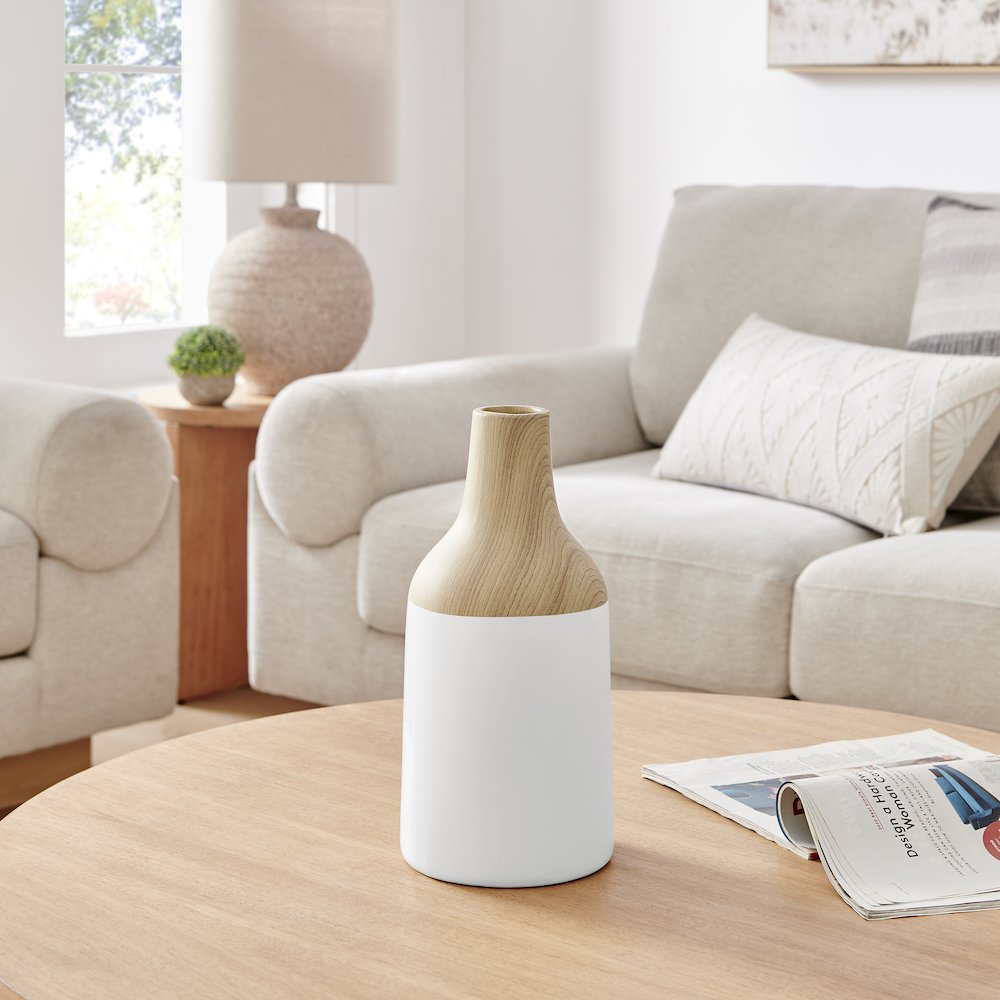 Nora Kanna Bottle Contemporary Two Tone Tabletop Vase - White and Beech. Picture 2