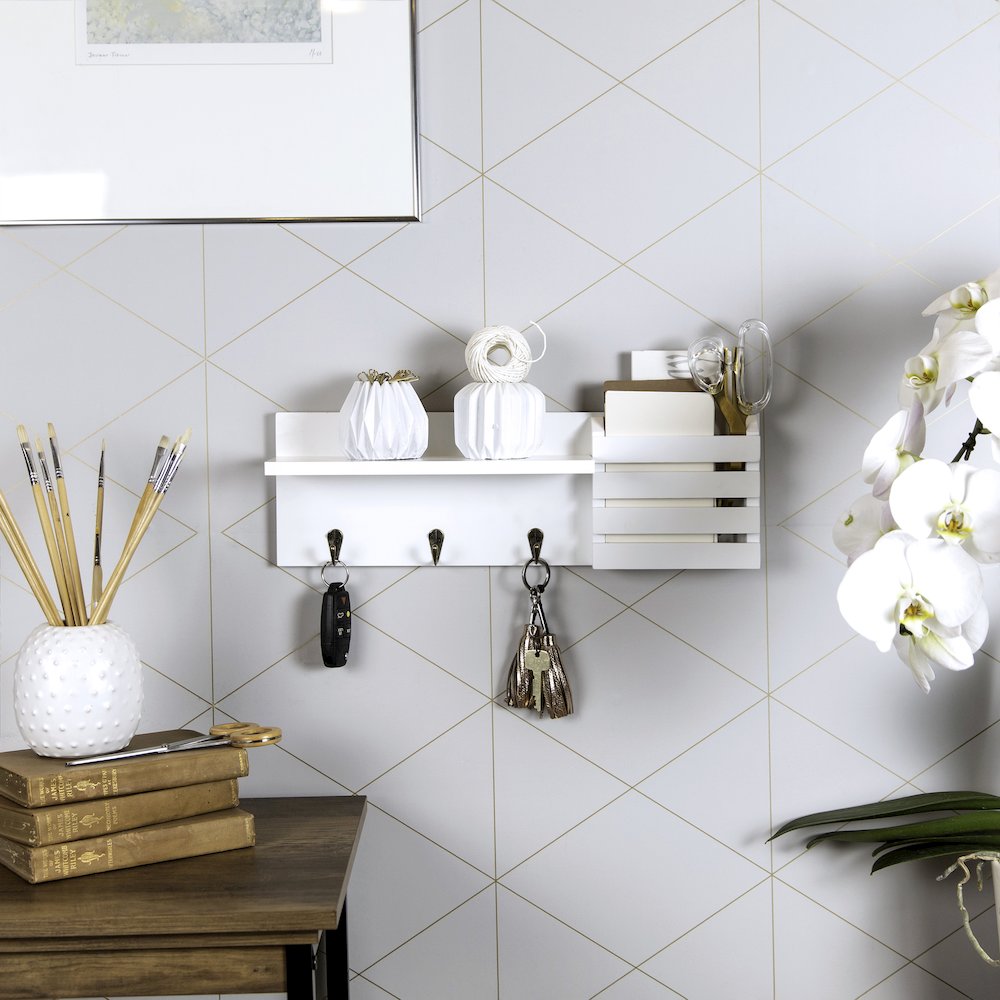 Utility Shelf with Pocket and Hanging Hooks - White. Picture 3