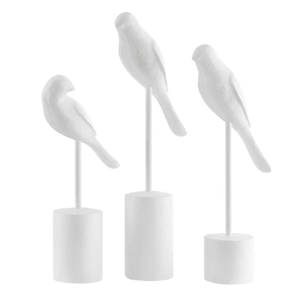 Ren Bird Perched White Ornament Sculpture Figurines - Set of 3. Picture 1