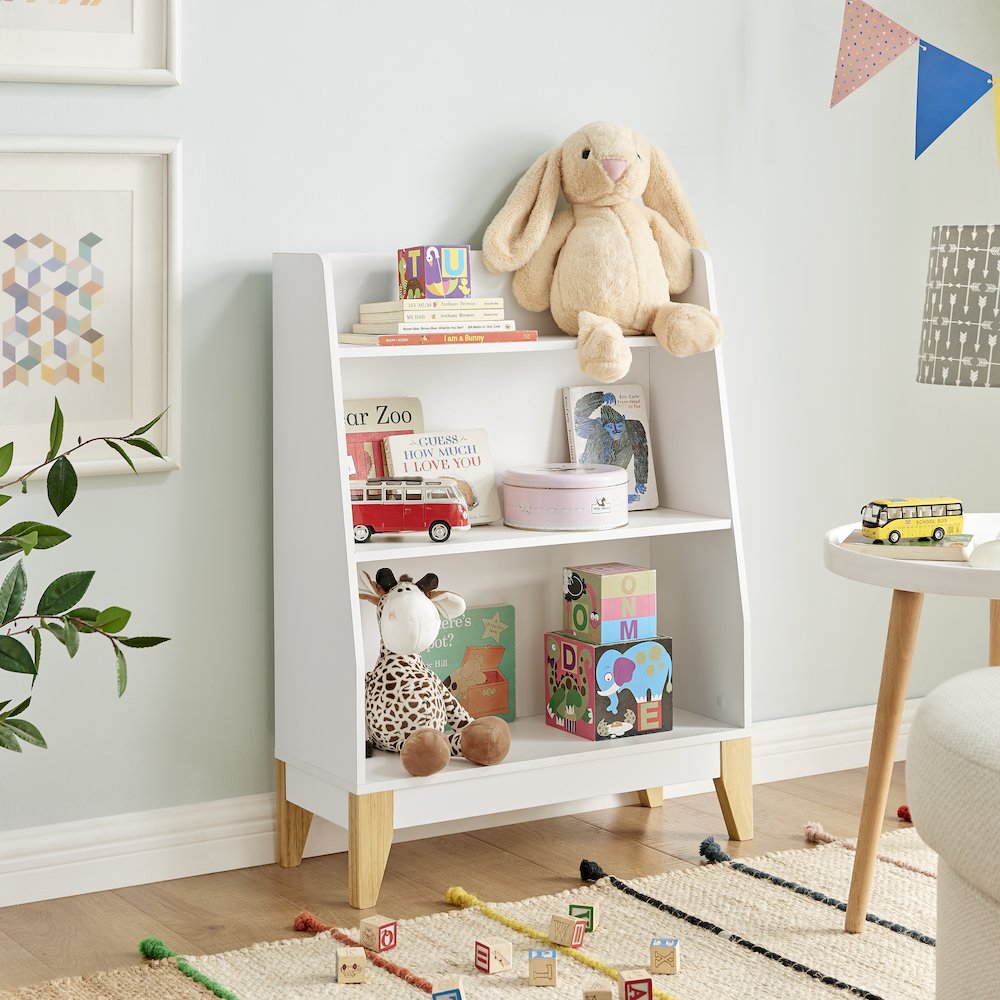 Steiner White 3-Tier Kids Freestanding Bookshelf - Contrasting Wood-Toned Legs. Picture 5