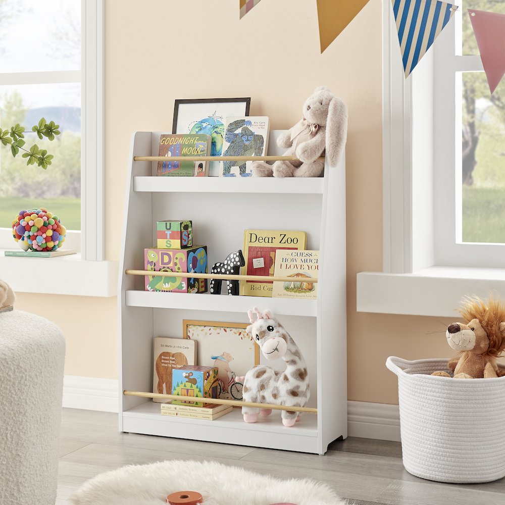 Steiner White 3-Tier Kids Book Magazine Freestanding Bookcase - Wood-Toned Rods. Picture 4