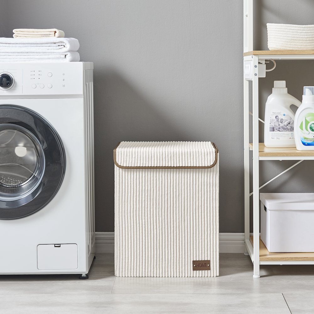 Collapsible Folding Corduroy Laundry Hamper Storage - Cream White. Picture 5