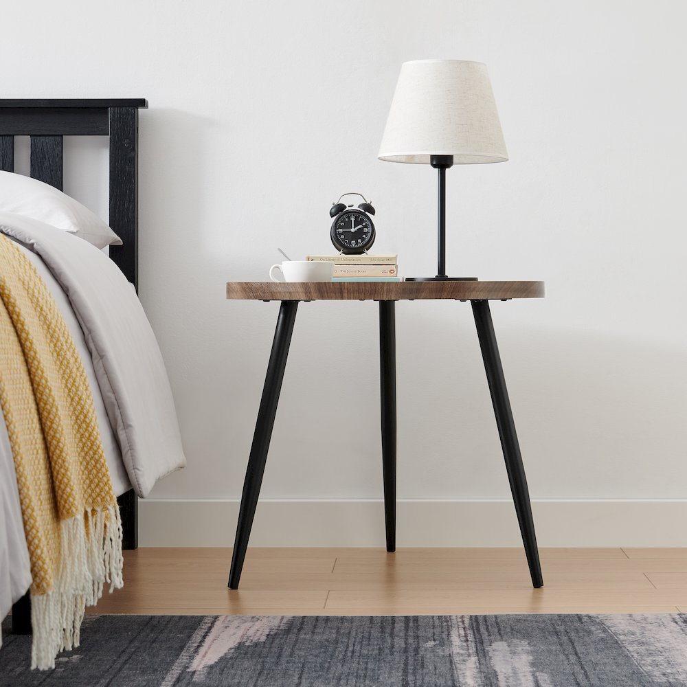 Paxton Raised Lip Edge Side Table Modern Black Metal Taper Legs - Round - Walnut. Picture 6