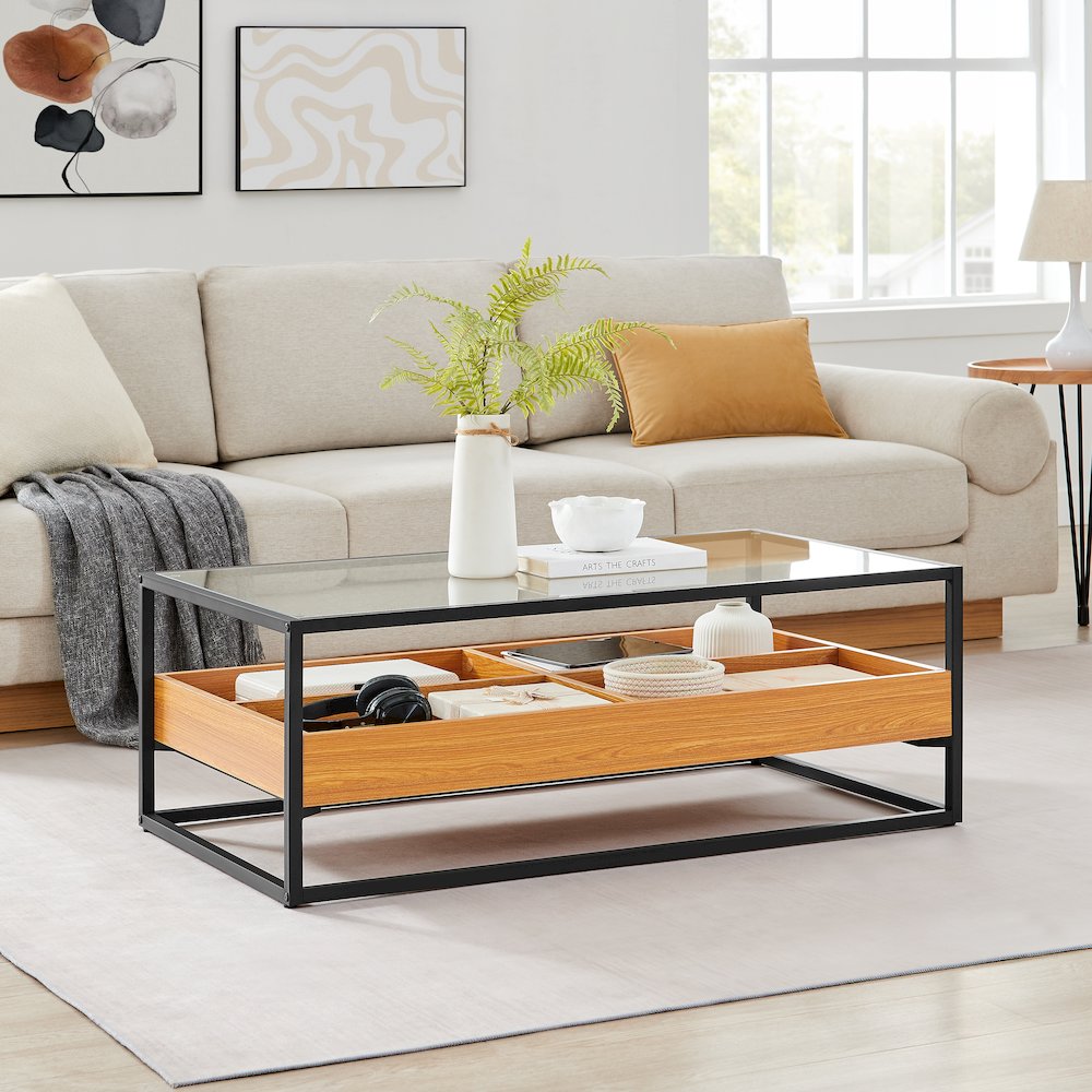 Saarinen 2-Level Glass Display Shelf Rectangle Low Coffee Table - Golden Oak. Picture 3