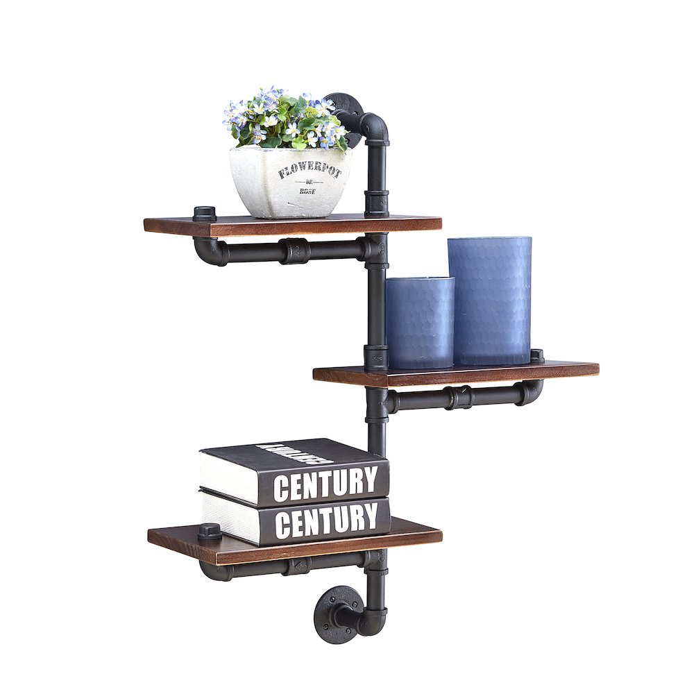 3-Tier Staggered Industrial Rustic Pipe Shelving Unit - Wall Mount. Picture 2