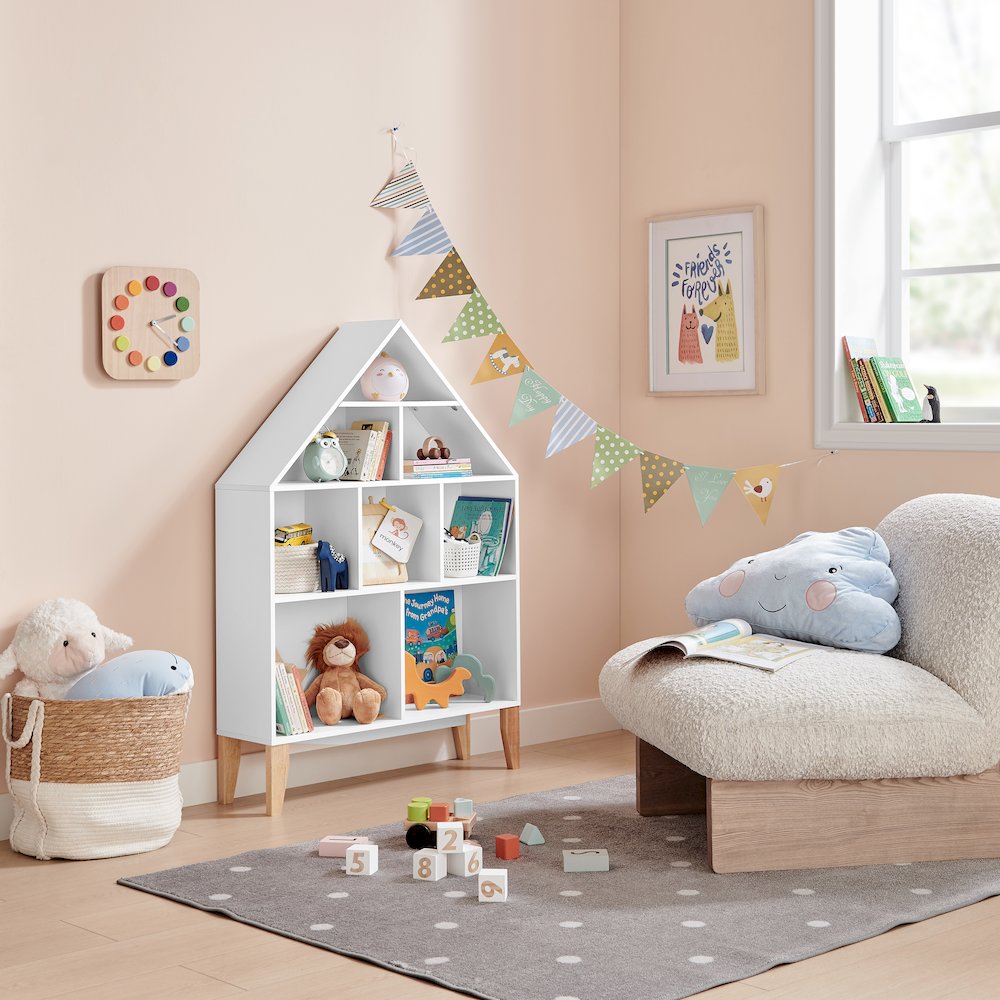 Steiner White Dollhouse 8-Compartment Kids Freestanding Bookshelf - Beech Legs. Picture 7
