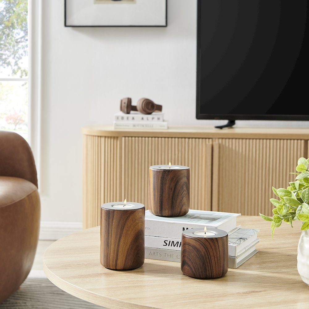 Hemming Modern Walnut Finish Three Piece Tealight Candle Holder Tabletop Set. Picture 2
