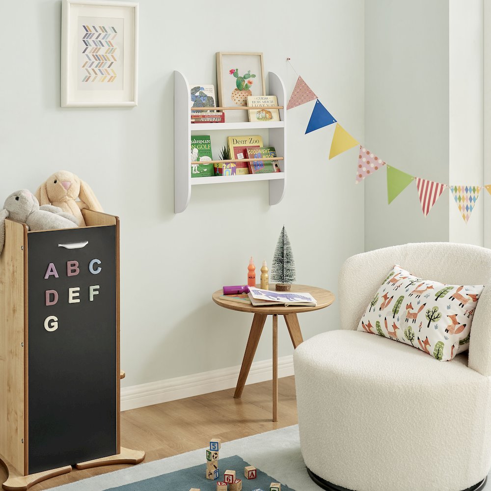 Steiner White Rounded 2-Tier Kids Book Magazine Wall Bookcase - Wood-toned Rods. Picture 8