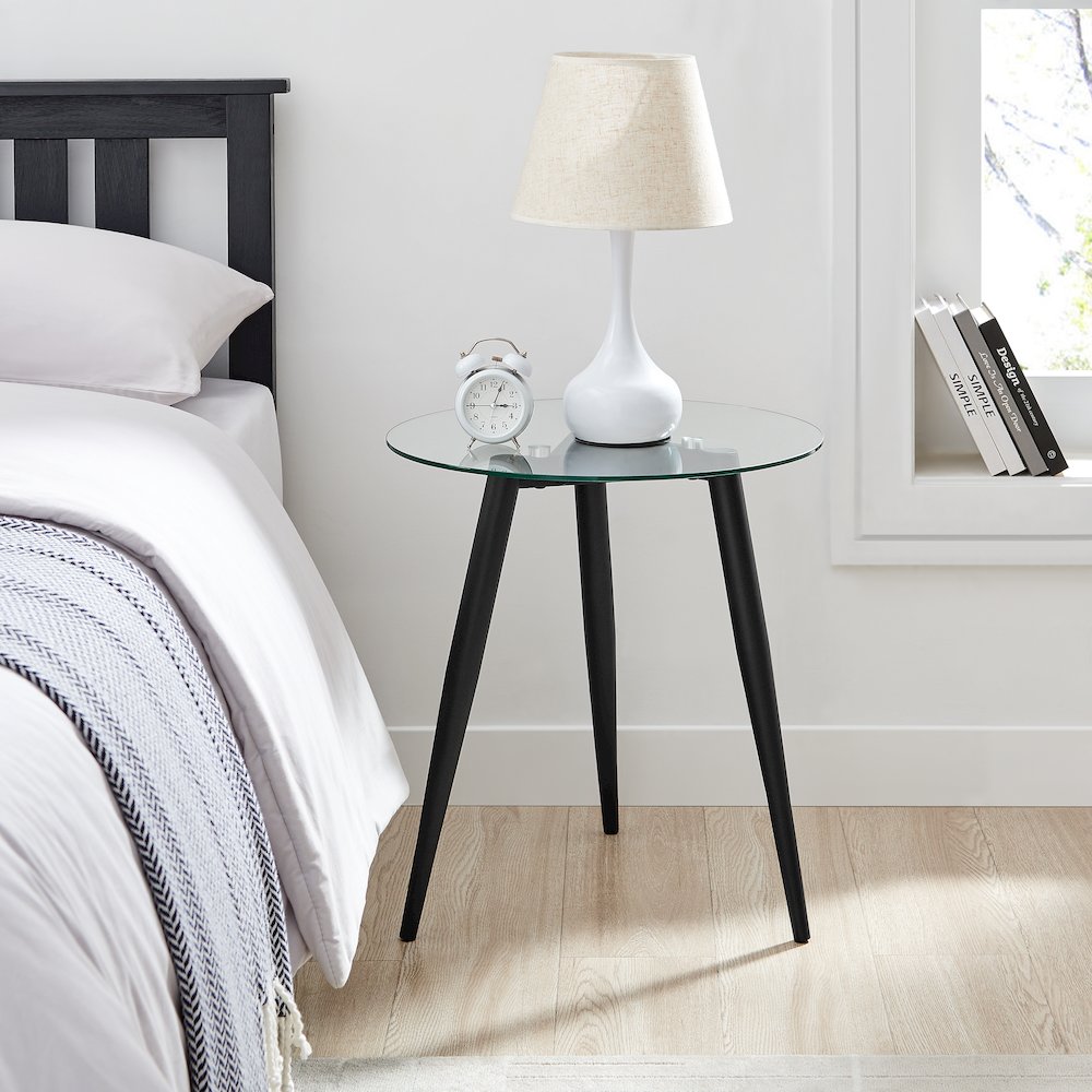 Van Beuren Side Table Modern Metal Taper Legs and Clear Glass Tabletop - Black. Picture 3