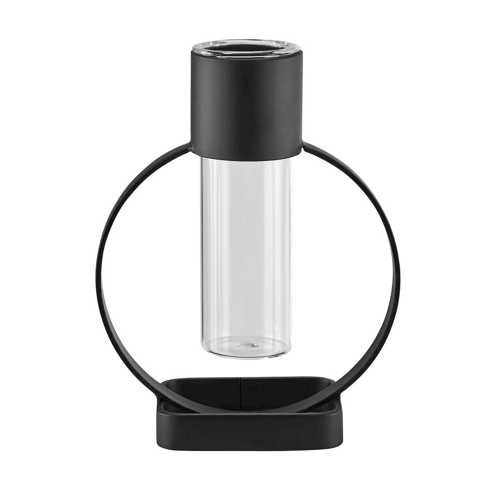 Jacob Modern Black Metal Open Circle Pedestal Clear Glass Tabletop Vase. Picture 1