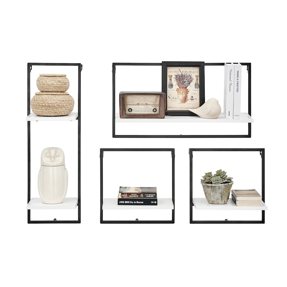Framed Wall Art 4-Piece Modern Shelf Set - Black Metal Frame White MDF Shelves. Picture 9