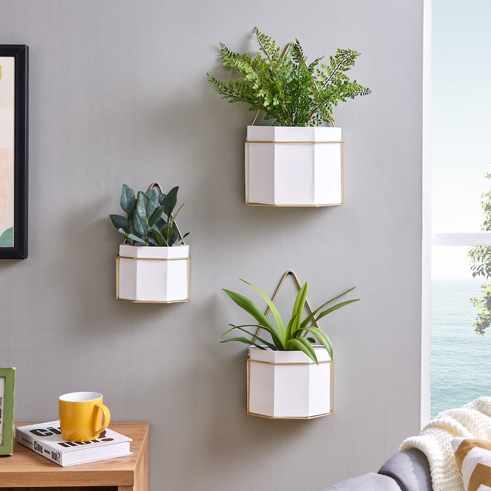 Geometric White and Gold Wall Planters Set of 3. Picture 2
