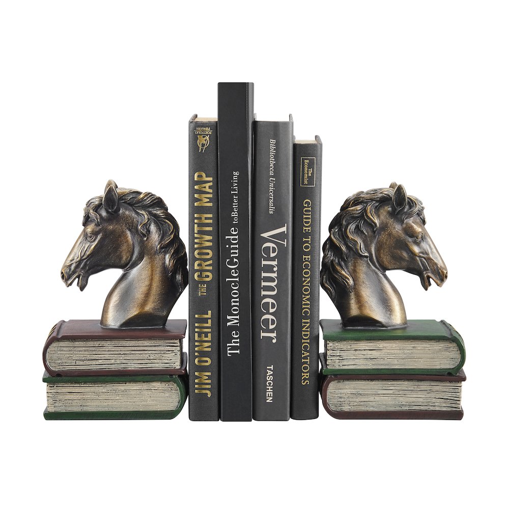 Horses on Books Polyresin Antique Patina Finish Bookend Set of 2. Picture 1