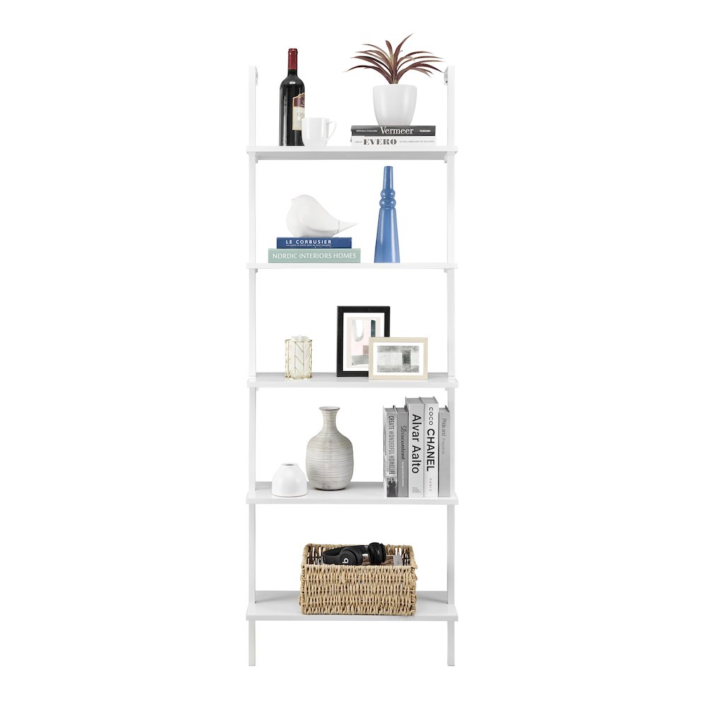 Everett 5-Tier Open Display Wall Mount Metal Frame Ladder Shelf - White/White. Picture 13