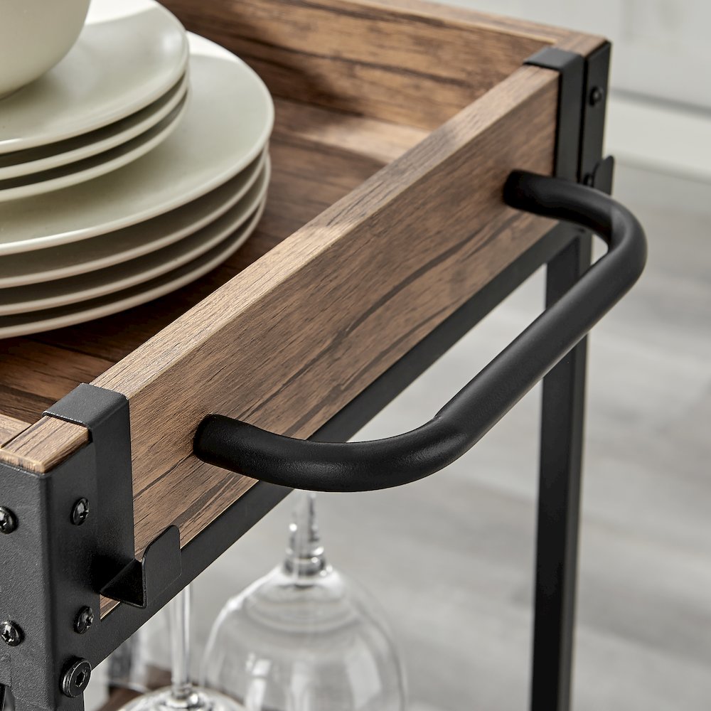 Rustic Walnut Metal Rolling Farmhouse Wine Bar Cart with Bottle and Glass Rack. Picture 9